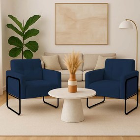 Poltrona Sala Industrial Alta Tubo Preto kit 2 Elisa Bouclê D03 - D'Rossi - Azul