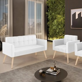 Kit 1 Sofá Namoradeira e 1 Poltrona Elisa Corino Pés Palito Natural - D'Rossi - Branco