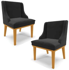 Kit 2 Cadeiras Decorativas Sala de Jantar Base Fixa de Madeira Firenze Veludo Preto/Castanho G19 - Gran Belo