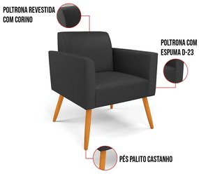 Kit 2 Poltronas Pés Palito Castanho Marisa Corino - Preto