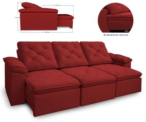 Sofá Reclinável Retrátil 3 Lugares 290cm Verus Veludo Vermelho - Sheep Estofados - Vermelho