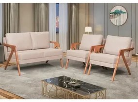 Kit 2 Poltronas + Namoradeira Mona Luxo Madeira Maciça Linho Bege