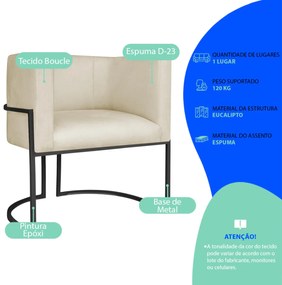 Poltrona Dália Luxo Moderna Estofada Design Sofisticado com Base de Ferro Preto Bouclé