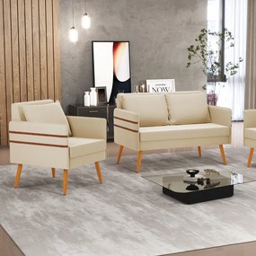 Kit 1 Namoradeira 02 Lugares e 1 Poltrona Mari Suede Bege Pés Palito Castanho - D'Rossi