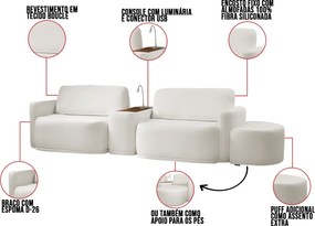 Sofá Sala Modulado 299cm com Puff Console USB Luminária Brumma Bouclê K01 - D'Rossi - Cinza claro
