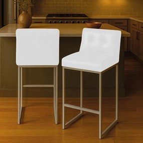 Banqueta Cozinha Alta com Encosto Industrial Kit 2 Champanhe Lirina PU Branco C05 - D'Rossi