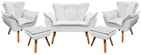 Namoradeira com 2 Poltronas e 2 Puffs Pé Palito Madeira Opala Corino D03 - D'Rossi - Branco