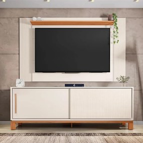 Painel TV 65 Pol 180cm com Rack Bancada para Sala Visari Off White/Freijó C01 - D'Rossi