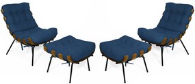 Kit 2 Poltronas Costela Com 2 Puff Costela Suede Azul Marinho