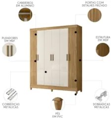 Guarda Roupa Casal 165cm 6 Portas Guiana Freijó/Off Z17      - Mpozena