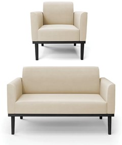 Sofá Namoradeira com Poltrona Base de Madeira Fixa Preto Marisa Suede D03 - D'Rossi - Bege