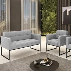 Sofá Namoradeira e 1 Poltrona Base Industrial Preto Ana Suede Cinza -