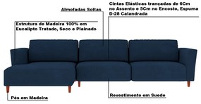 Sofá 330cm com Chaise Esquerda Franz Suede Azul G52 - Gran Belo