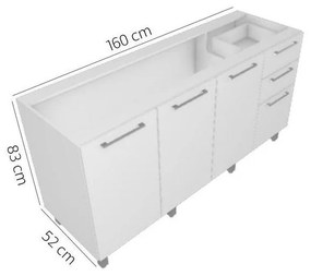 Balcão Pia P/Cozinha 160cm 3 Portas 3 Gaveta Branco
