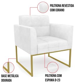 Kit 1 Sofá Namoradeira e 1 Poltrona Elisa Corano Base Metálica Industrial Dourado D03 - D'Rossi - Branco