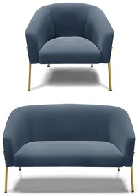 Sofá Namoradeira e Poltrona Pé de Ferro Dourado Stella Suede D03 - D'Rossi - Azul Marinho