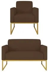 Kit Namoradeira e 1 Poltrona Decorativa Base Industrial Dourada Maress
