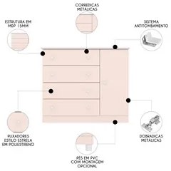 Cômoda Infantil Sapateira 4 Gavetas Doce Sonho Rosa - Qmovi