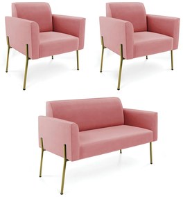 Sofá Namoradeira e 2 Poltronas Pé de Ferro Dourado Marisa Suede D03 - D'Rossi - Rose