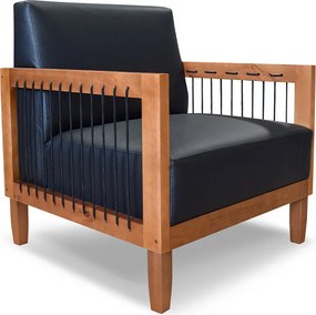 Poltrona Sala de Estar Pés Madeira Maciça Corda Náutica Preta 75cm Manila PU Preto G63 - Gran Belo