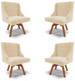 Kit 4 Cadeiras Decorativas Sala de Jantar Base Giratória de Madeira Firenze Suede Bege/Natural G19 - Gran Belo