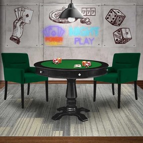 Mesa de Jogos Carteado Victoria Redonda Tampo Reversível Preto com Kit 2 Cadeiras Vicenza Suede Verde G36 G15 - Gran Belo