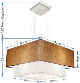 Lustre Pendente Duplo Quadrado Vivare Md-4066 Cúpula em Tecido 50x35cm Palha - Branco - Bivolt
