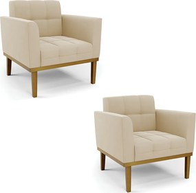 Kit 2 Poltronas Decorativas Karen Pés Fixo em Madeira Castanho Suede Bege G19 - Gran Belo
