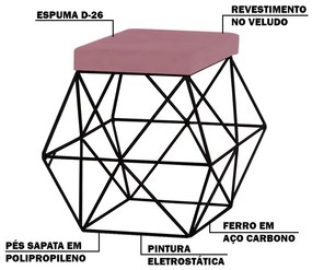Puff Decorativo Sala de Estar Base Preto Trixie Veludo Rosê G41 - Gran Belo