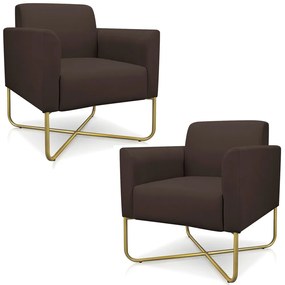 Kit 2 Poltronas Decorativas Isabella Base X Suede Marrom/Dourado G19 - Gran Belo
