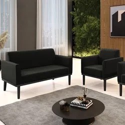 Sofá Namoradeira e 1 Poltrona Base Madeira Preto Maressa Suede Preto -