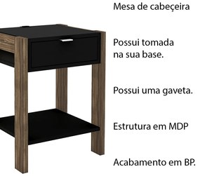 Mesa de Cabeçeira para Quarto Decorativa AZ1016 MDP Preto/Nogal G69 - Gran Belo