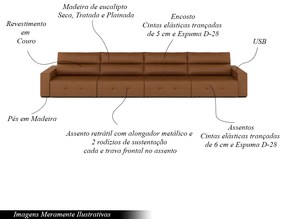 Sofá Retrátil 6 Lugares 404cm 4 Módulos Nero com USB Couro Manchado Claro G52 - Gran Belo
