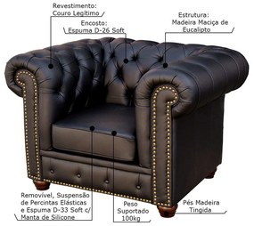 Poltrona Sala de Estar Chesterfield com Pés Madeira Couro Preto G40 - Gran Belo