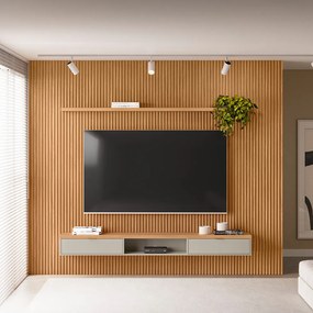 Painel para TV até 75 Polegadas Ripado Marisa com Nicho Bancada Nature e Off White 297x250 cm L04 - D'Rossi