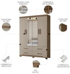Guarda Roupa Casal 160cm Com Espelho Cancum Carvalho/Fendi Z17 - Mpoze