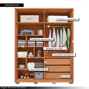 Guarda Roupa Malu 4 Portas de bater com 2 Espelhos e 3 Gavetas em MDF Freijo/OffWhite G11 - Gran Belo