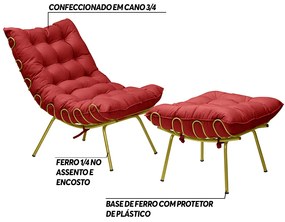 Conjunto Decorativo Poltrona e Puff Abel Base de Ferro Dourada Suede Vermelho G41 - Gran Belo