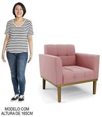 Sofá Namoradeira e 1 Poltrona Base Madeira Castanho Ana Suede Rosê - I