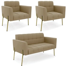 Sofá Namoradeira e 2 Poltronas Pé de Ferro Dourado Elisa Suede D03 - D'Rossi - Marrom Rato
