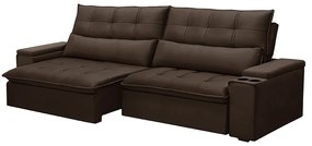 Sofá Retrátil e Reclinável 3 Lugares 210cm Robem Porta Copos no Braço Veludo Marrom G22 - Gran Belo