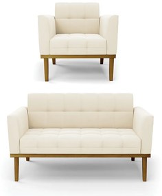 Conjunto Poltrona e Namoradeira Decorativas Karen Pés Fixo em Madeira Castanho Veludo Bege G19 - Gran Belo