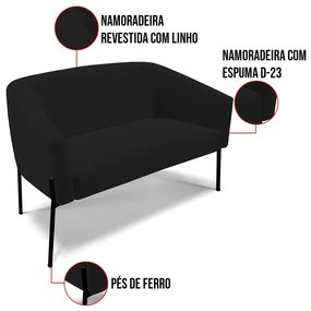 Sofá 2 Lugares Namoradeira Pé de Ferro Preto Stella Linho D03 - D'Rossi - A79 Preto