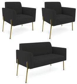Sofá Namoradeira e 2 Poltronas Pé de Ferro Dourado Marisa Veludo - Preto