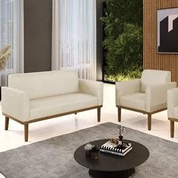 Sofá Namoradeira e 1 Poltrona Base Madeira Castanho Maressa Veludo Lux