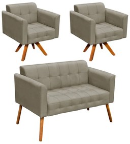 Kit 01 Namoradeira e 02 Poltronas Giratória Elisa Suede Base Madeira MM30 D'Rossi - Marrom Rato