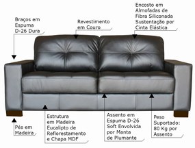 Sofá 3 Lugares Sala de Estar 200cm Milão Couro Preto G03 - Gran Belo