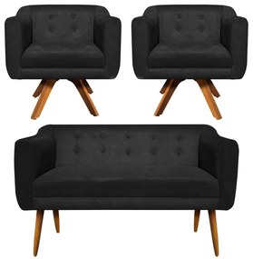 Kit 01 Namoradeira 02 Lugares e 02 Poltronas Giratória Julia Suede Preto Base Madeira MM30 D'Rossi