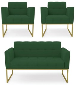 Kit 1 Sofá Namoradeira e 2 Poltronas Elisa Veludo Verde Base Metálica Industrial Dourado - D'Rossi