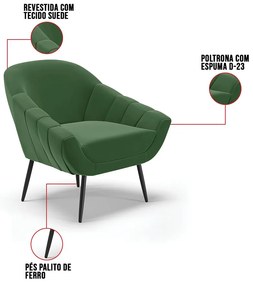 Kit 01 Namoradeira 02 Lugares e 01 Poltrona Giovana Suede Pés Palito de Ferro D01 - D'Rossi - Verde